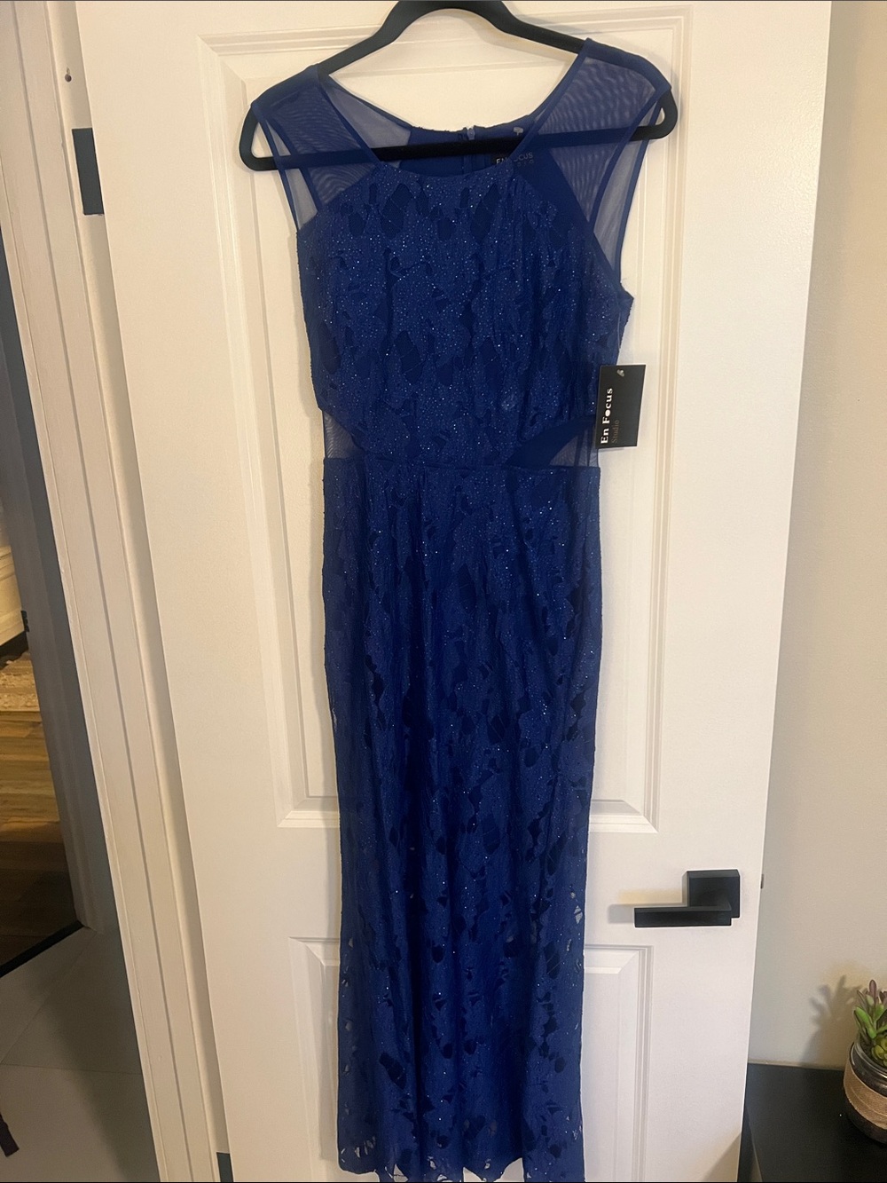 Elegant Navy Blue Lace Evening Gown - Tag Attached